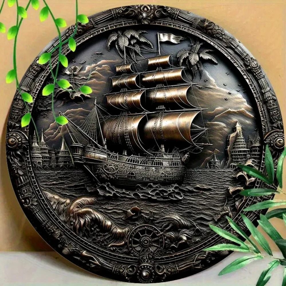 Home Decor Shop - 3D piratenschip metalen muurkunst: aluminium ronde