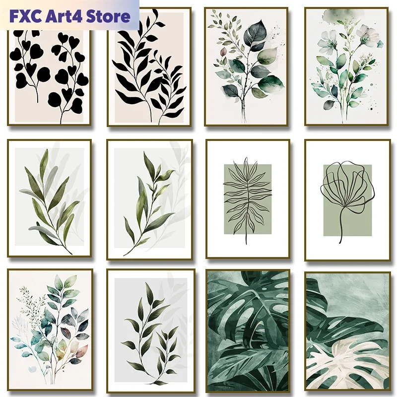 Home Decor Green - Frameloze saliegroene botanische lijn neutrale muurposterprints