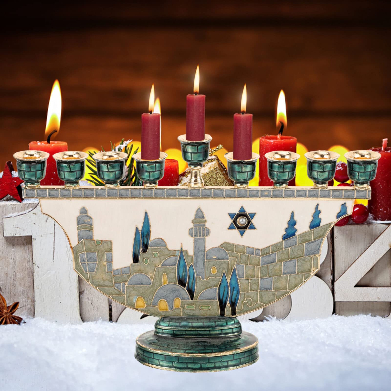 Home Decor Gift - Jeruzalem Menora Hanukkah Kaarsenhouder 9-armig Emaille