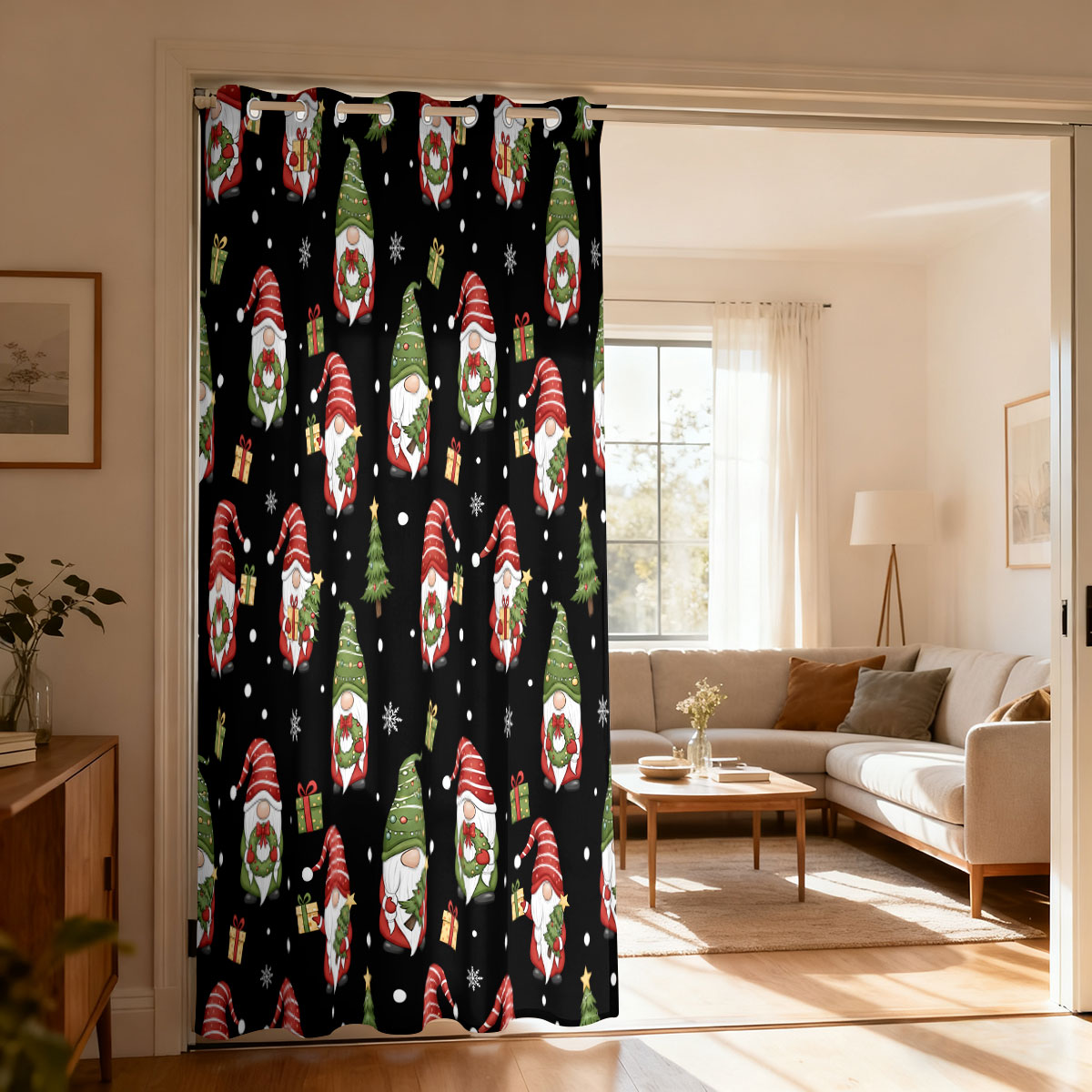Home Decor Xmas Tree - Kerstdwerg Kerstboom Cadeau Print Enkelvoudig lusgordijn,